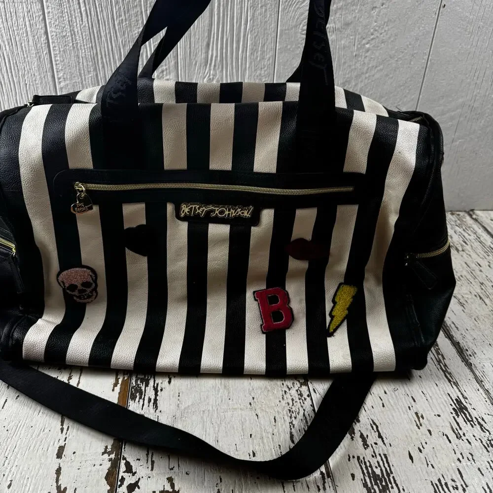 Betsey Johnson Striped Weekender Travel Duffle Bag Black White Floral Interior